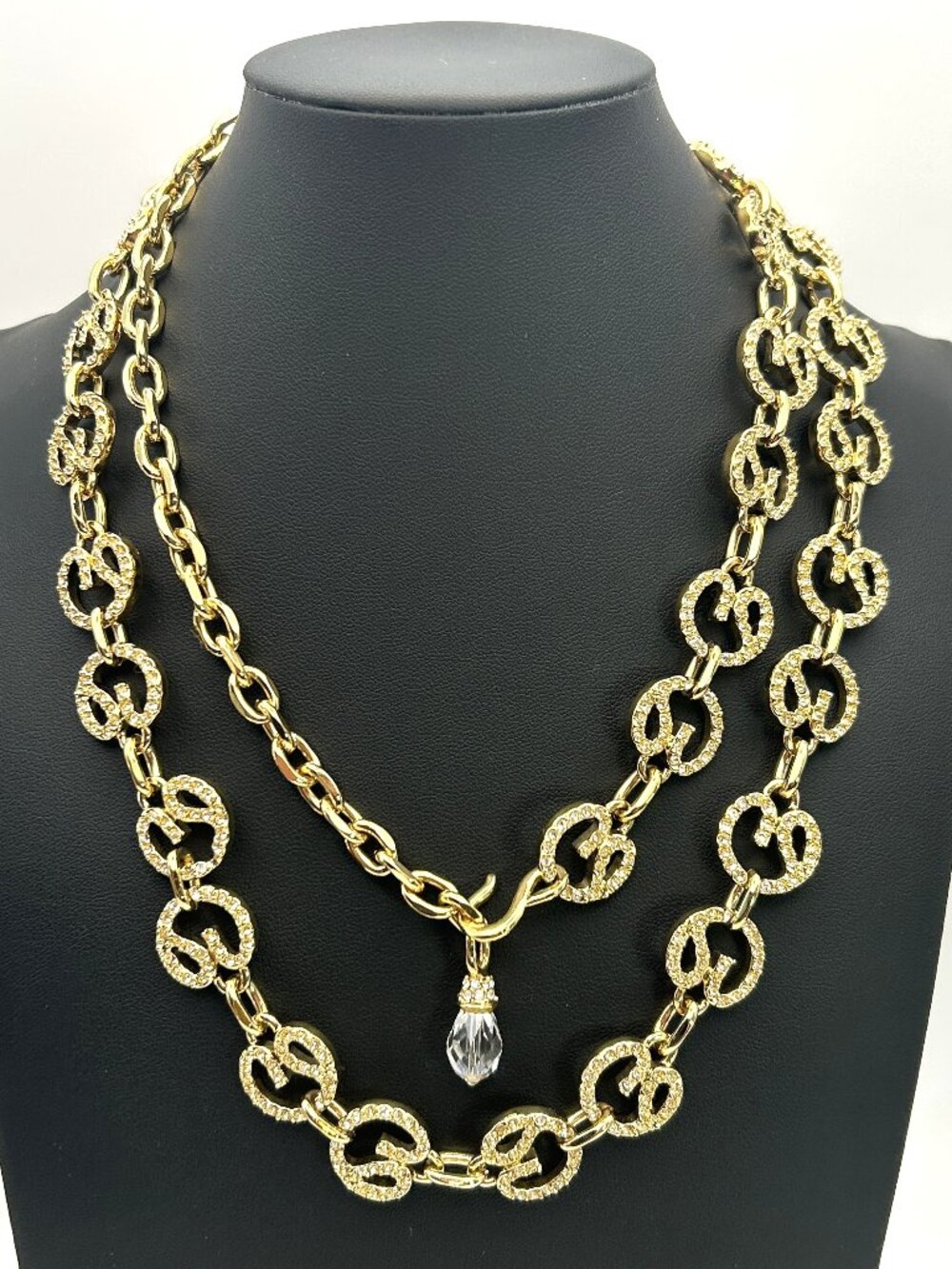 Gold Tone Pave Link Chain Necklace 38 in Opera Length Crystal Drop Statement